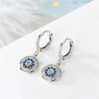 Round Blue Evil Eye Rhinestone Earrings Silver