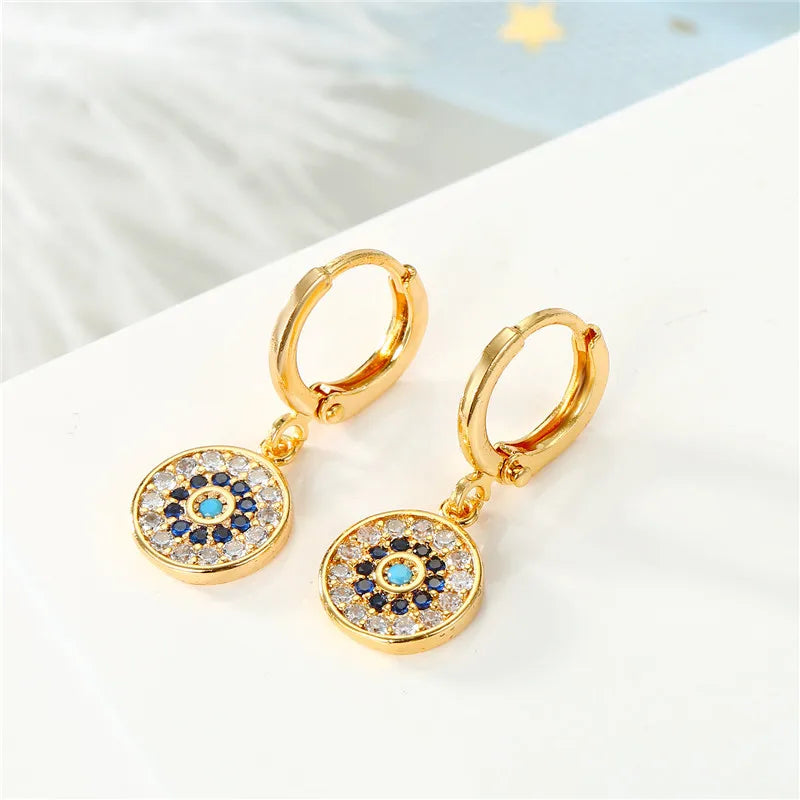 Round Blue Evil Eye Rhinestone Earrings Gold