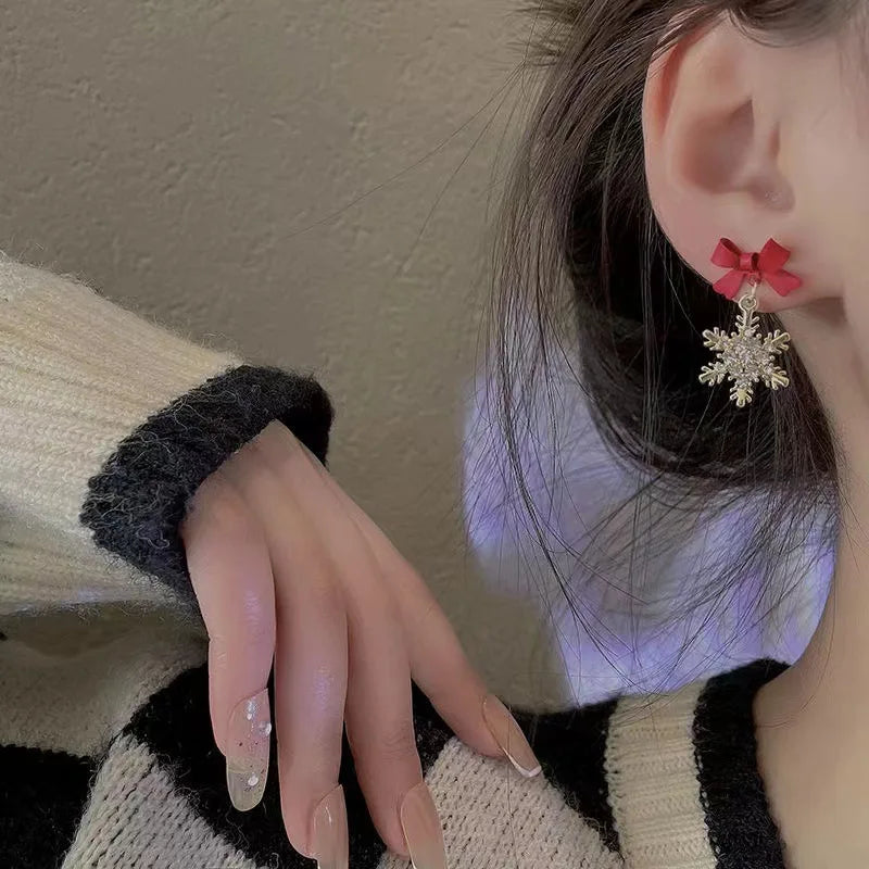 Snowflake Bow Earrings Winter Women’s Red