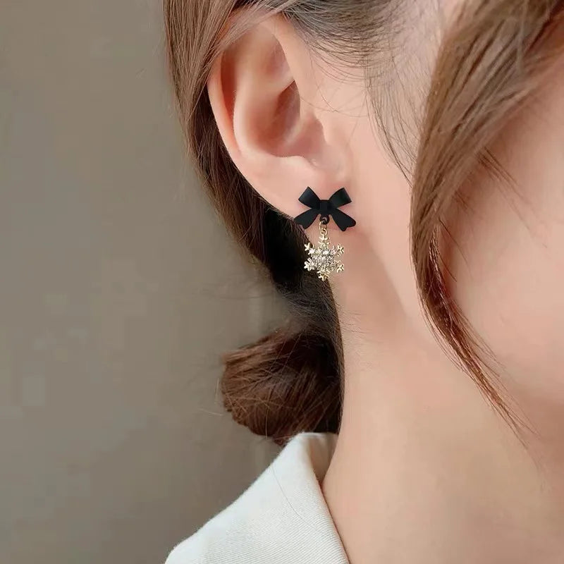 Snowflake Bow Earrings Winter Women’s Black