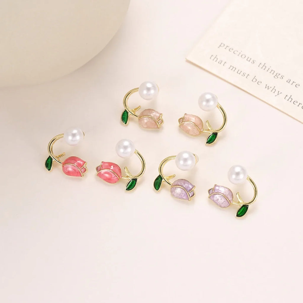 Tulip Flower and Purple Pearl Drop Earrings