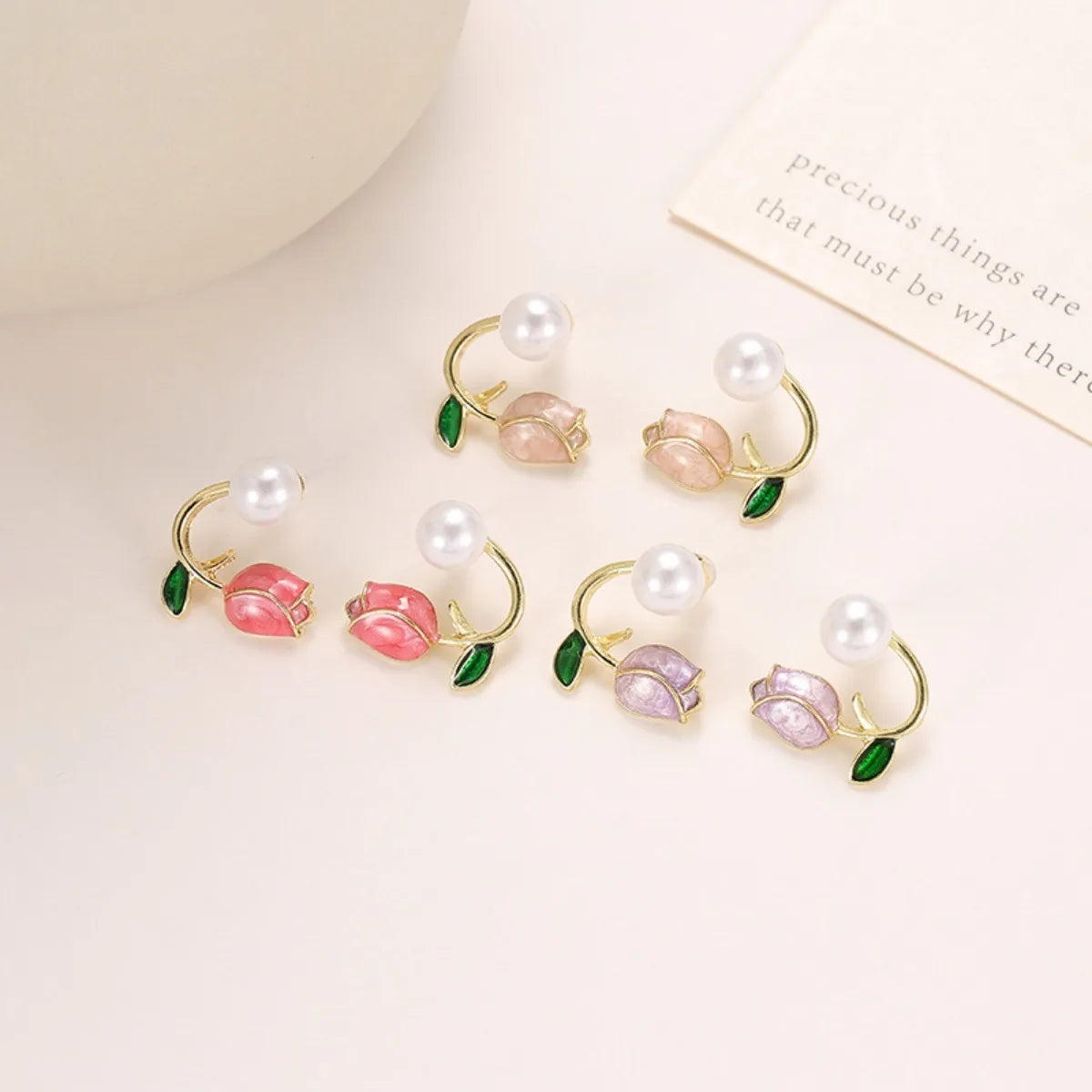 Tulip Flower and Purple Pearl Drop Earrings