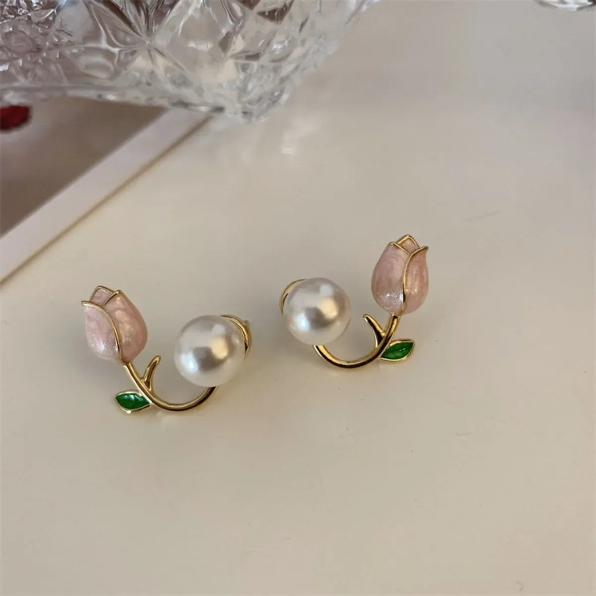 Tulip Flower and Pink Pearl Drop Earrings
