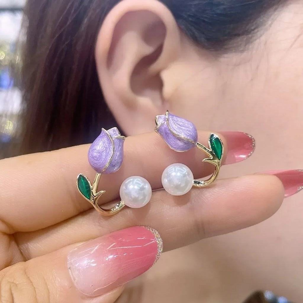 Tulip Flower and Purple Pearl Drop Earrings