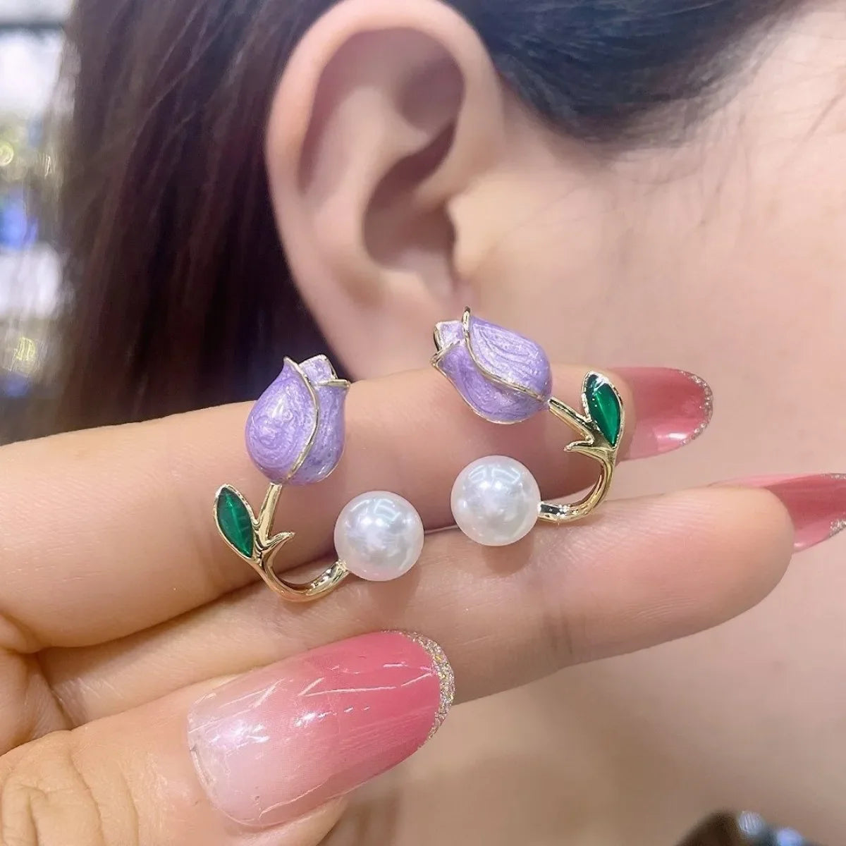 Tulip Flower and Purple Pearl Drop Earrings