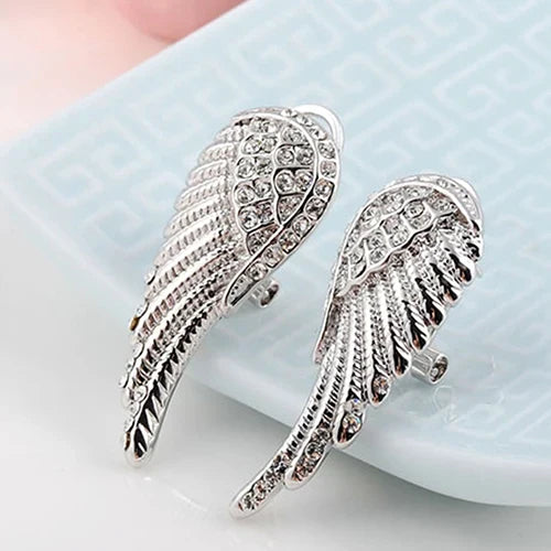 Silver rhinestone angel wing dangling earrings