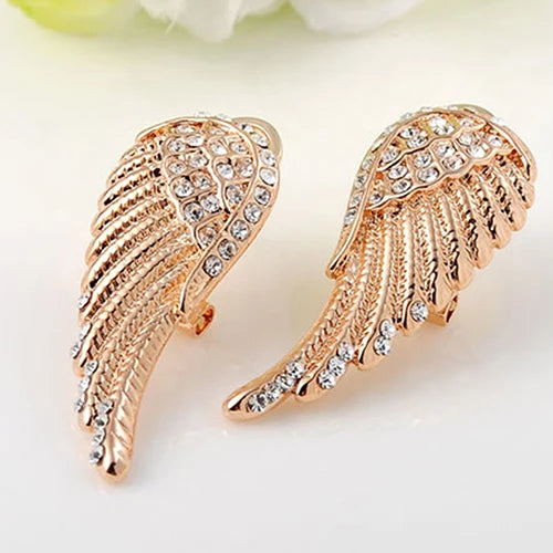 Gold rhinestone angel wing dangling earrings