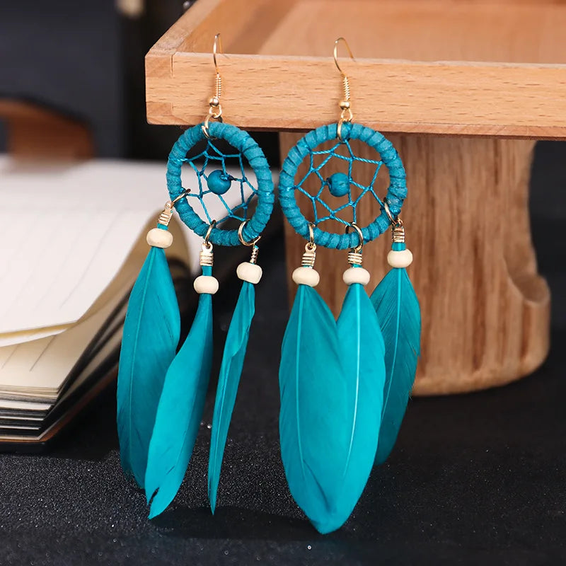 Dreamcatcher and Blue Feather Drop Earrings