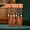 Dreamcatcher and Brown Feather Drop Earrings
