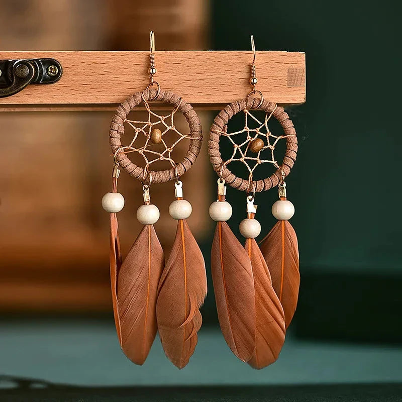 Dreamcatcher and Brown Feather Drop Earrings