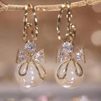 Dangling Earrings with Bow Knot and Pearl
