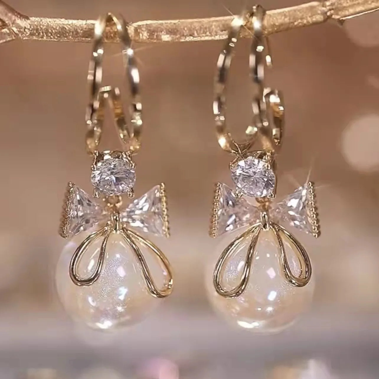 Dangling Earrings with Bow Knot and Pearl