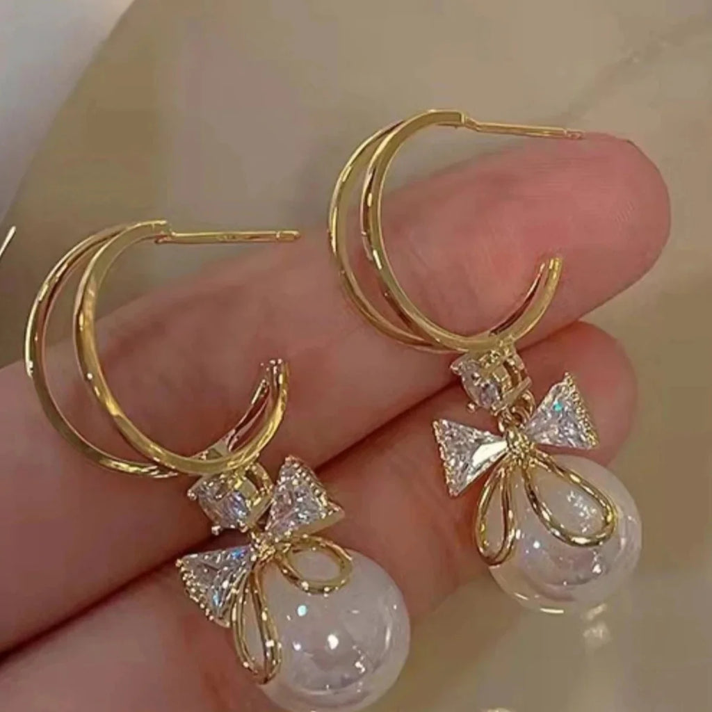 Dangling Earrings with Bow Knot and Pearl