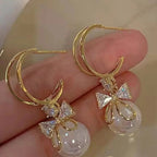 Dangling Earrings with Bow Knot and Pearl