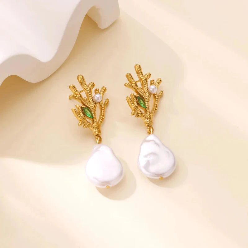 Coral Drop Earrings with Pearl and Green Zircon