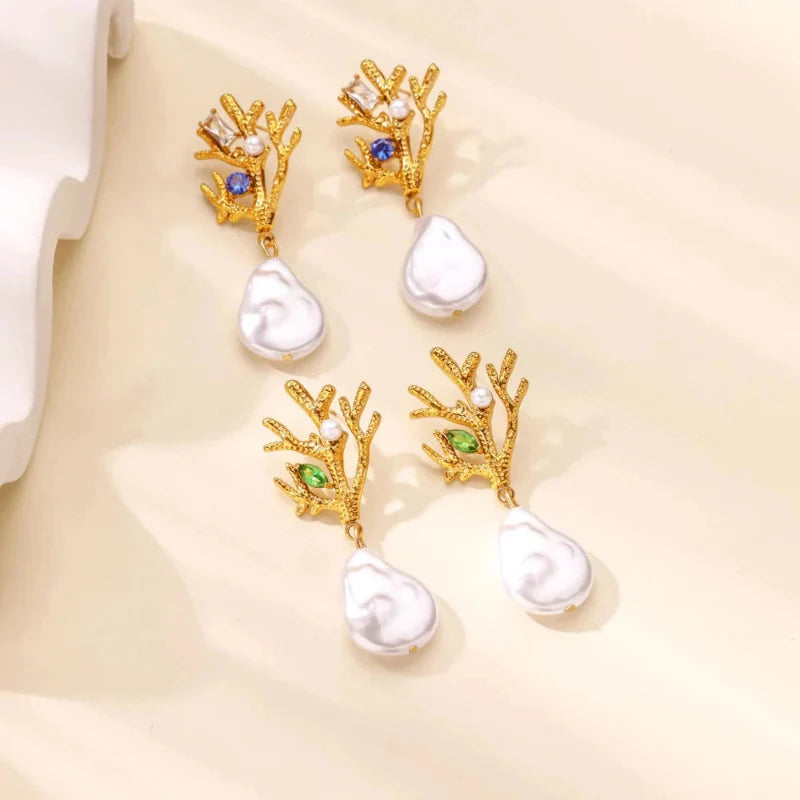 Coral Drop Earrings with Pearl and Green Zircon