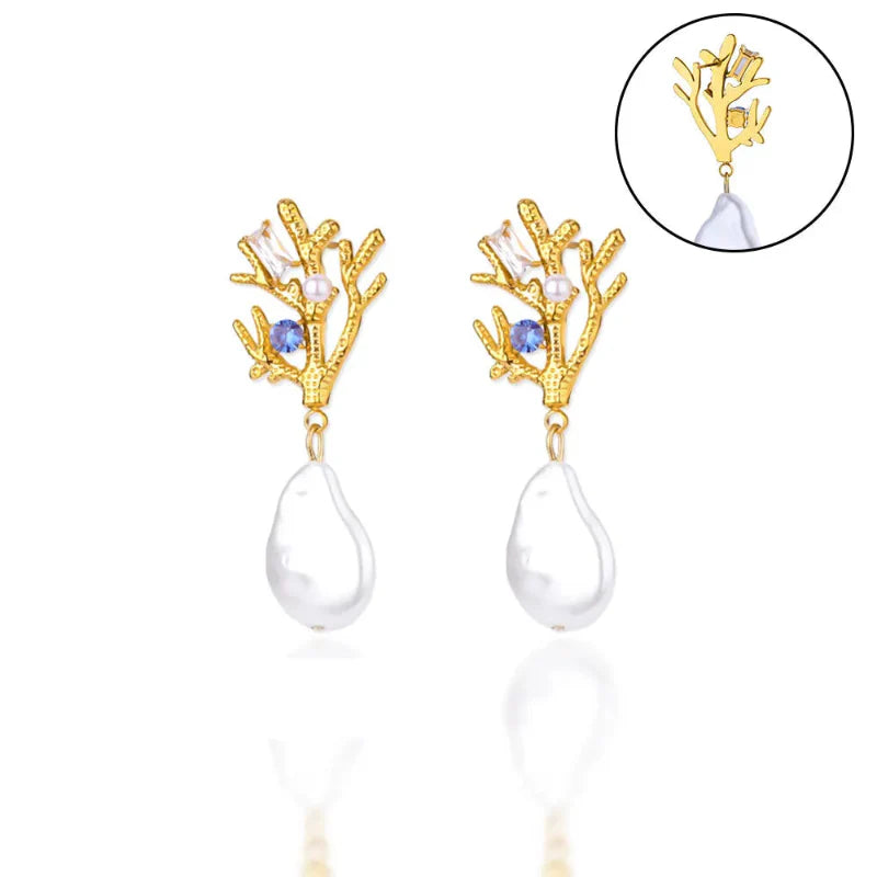 Coral Drop Earrings with Pearl and Blue Zircon