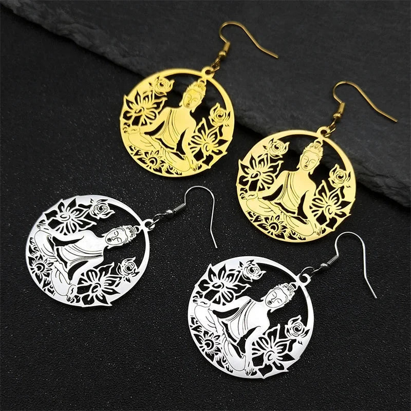 Buddha and Lotus Flower Dangle Earrings Gold