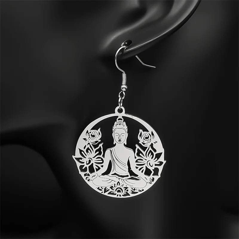 Buddha and Lotus Flower Dangle Earrings Silver
