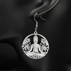 Buddha and Lotus Flower Dangle Earrings Silver