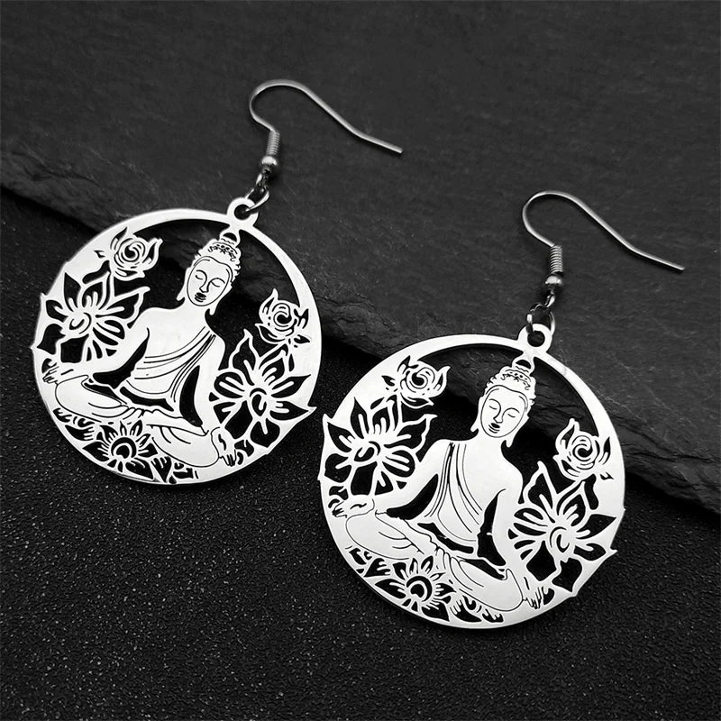 Buddha and Lotus Flower Dangle Earrings Silver
