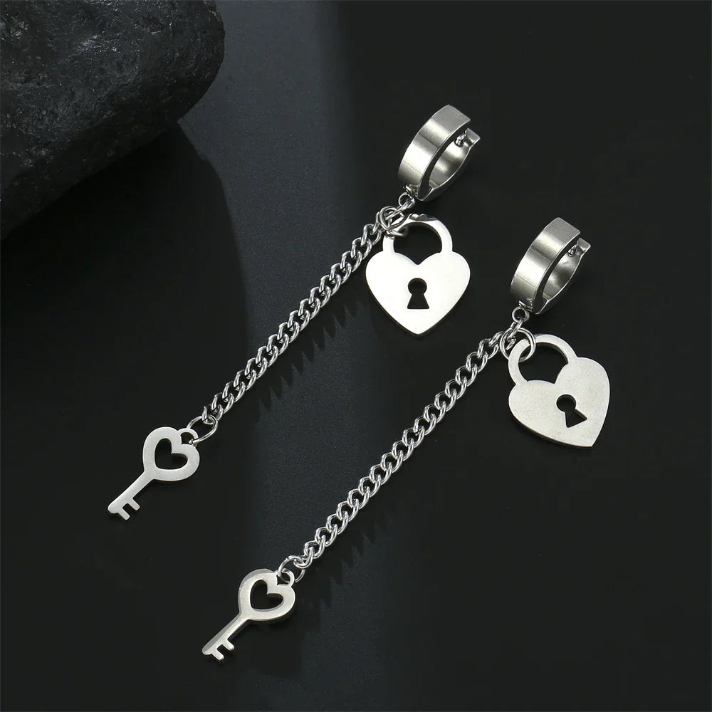 Silver key and lock drop earrings