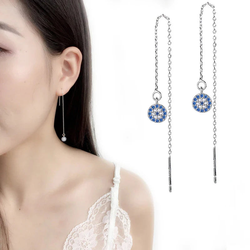 Blue Turkish Crystal Evil Eye Long Earrings