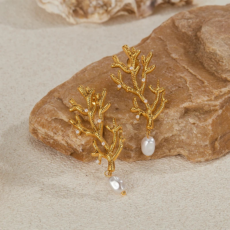 Coral and White Pearl Drop Earrings