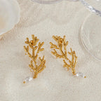 Coral and White Pearl Drop Earrings