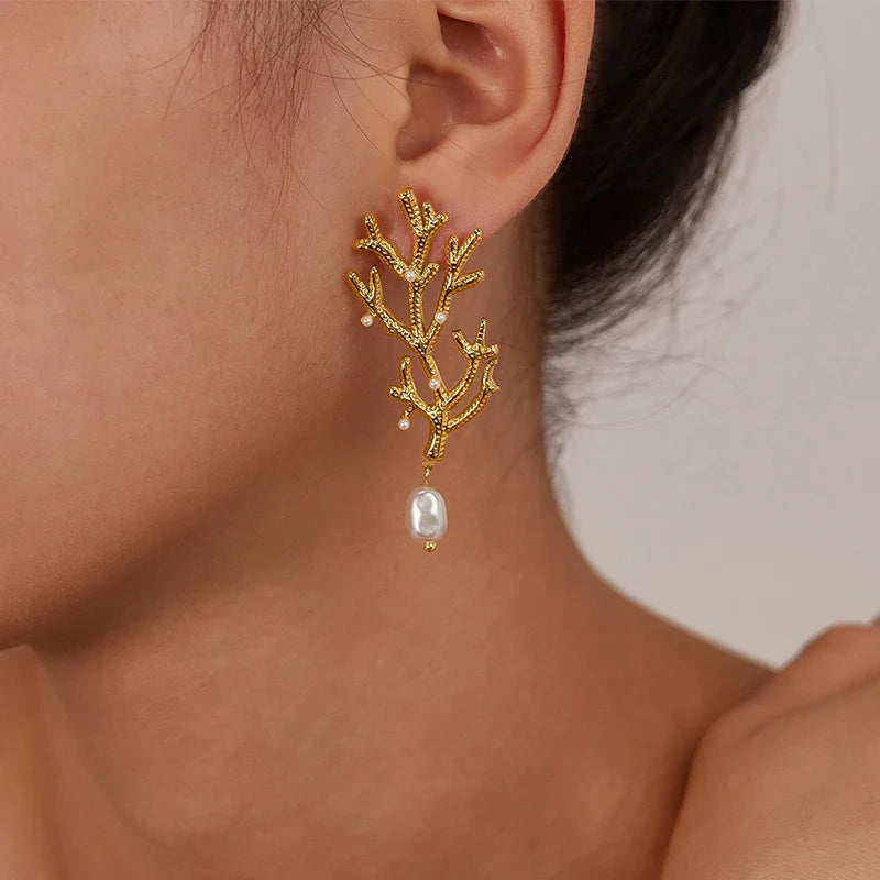 Coral and White Pearl Drop Earrings