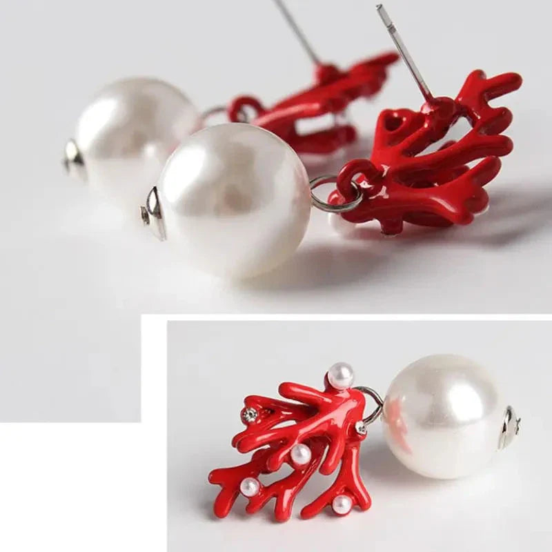 Red Coral and Pearl Dangle Earrings