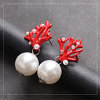 Red Coral and Pearl Dangle Earrings