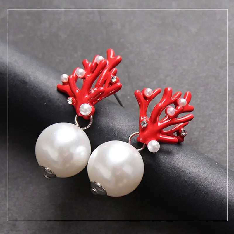 Red Coral and Pearl Dangle Earrings