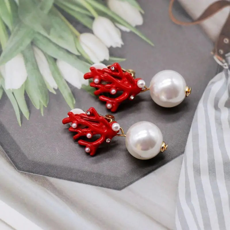 Red Coral and Pearl Dangle Earrings