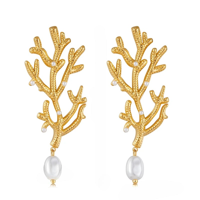 Coral and White Pearl Drop Earrings