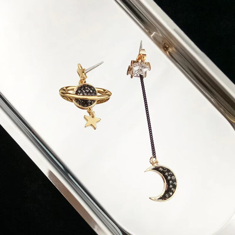 Moon Crescent and Stars Dangle Earrings