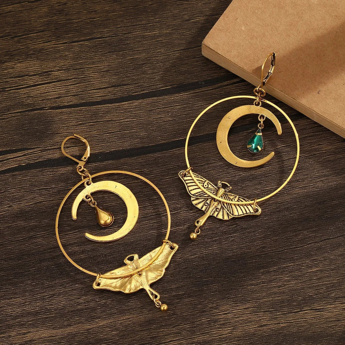 Moon Crescent and Moth Dangle Earrings