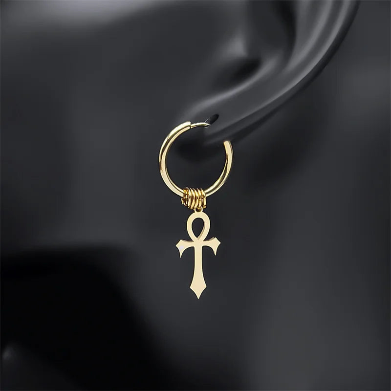 Ankh Cross Drop Earrings for Men or Women gold