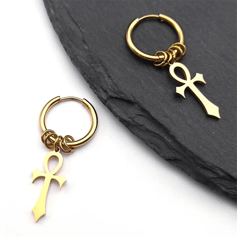 Ankh Cross Drop Earrings for Men or Women gold
