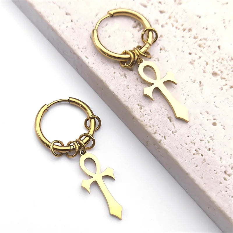 Ankh Cross Drop Earrings for Men or Women gold