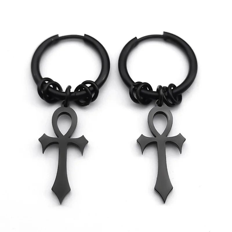 Ankh Cross Drop Earrings for Men or Women black