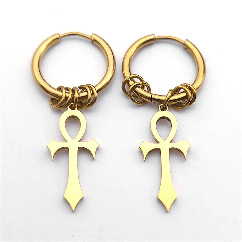 Ankh Cross Drop Earrings for Men or Women gold