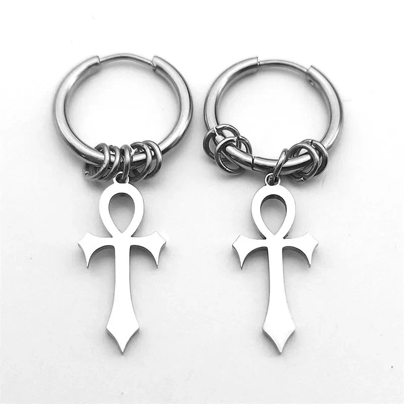 Ankh Cross Drop Earrings for Men or Women silver