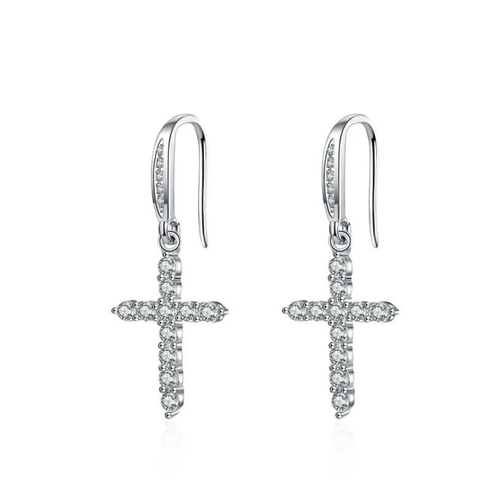 Silver Zircon Cross Drop Earrings