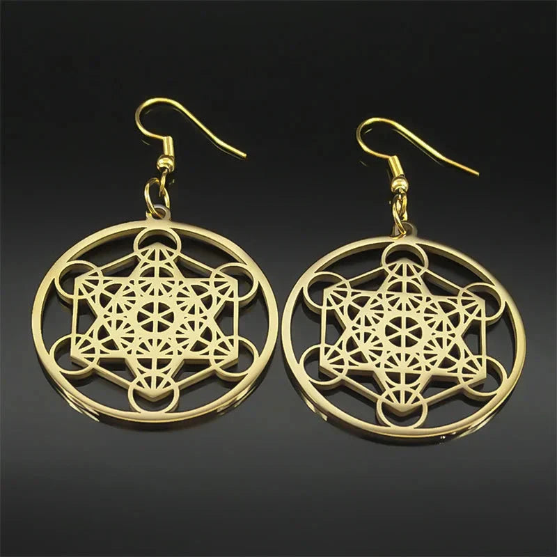 Metatron Cube Drop Earrings gold