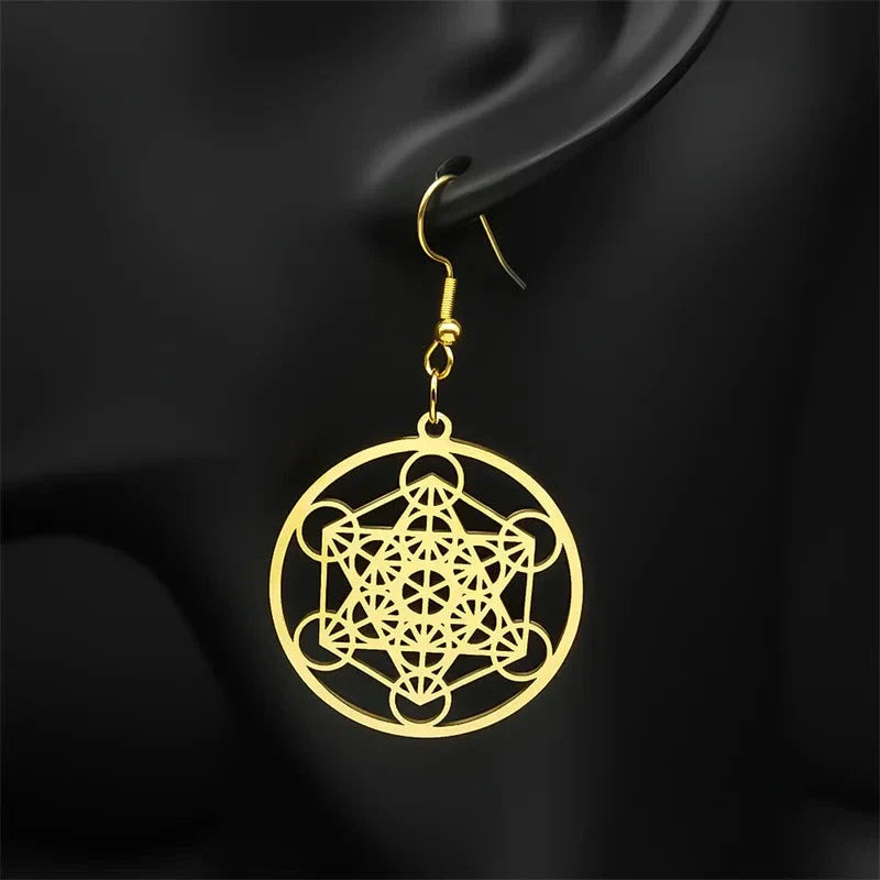 Metatron Cube Drop Earrings gold