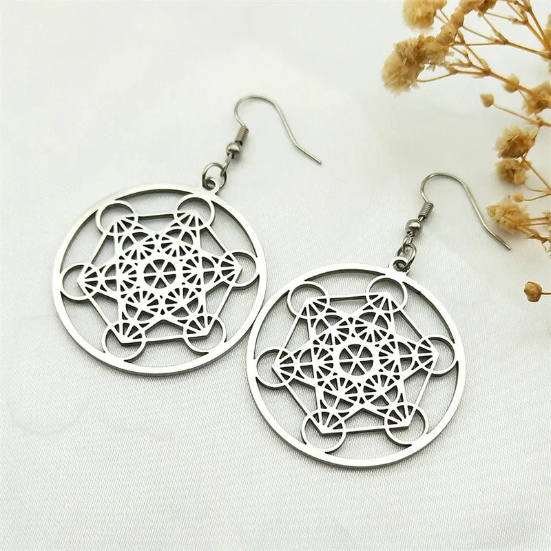 Metatron Cube Drop Earrings silver