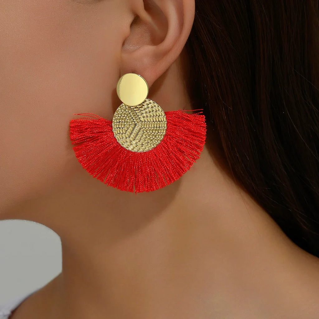 Bohemian Style Fan Drop Earrings in Red