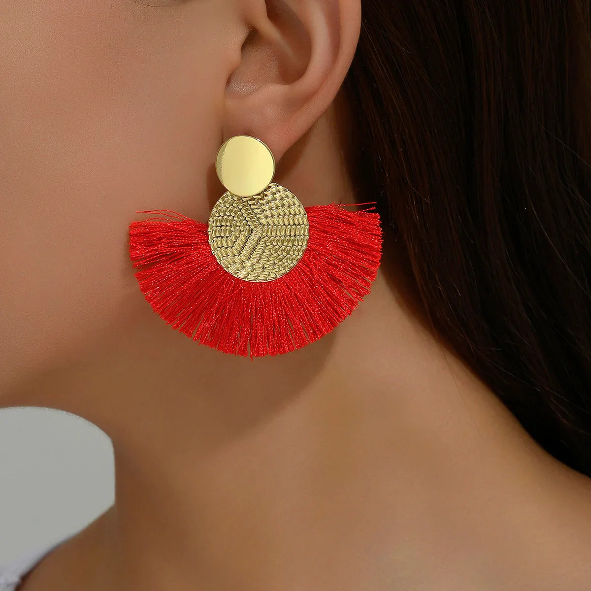Bohemian Style Fan Drop Earrings in Red