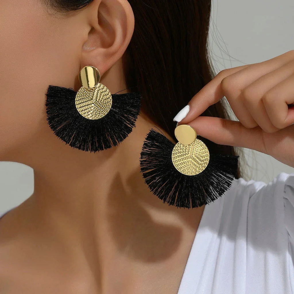Bohemian Style Fan Drop Earrings in Black